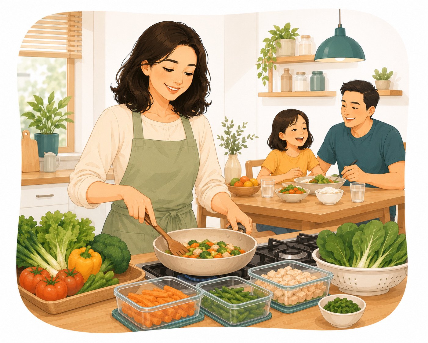 Ibu memasak tenang dengan keluarga bahagia